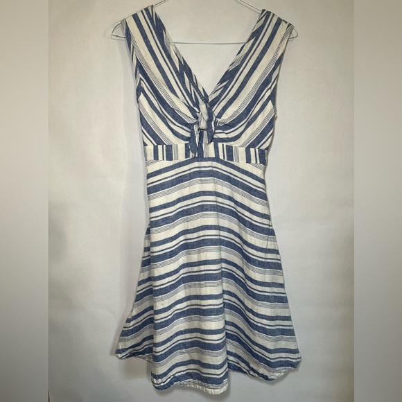 Anthropologie Maeve Bon Vivant 100% Linen Navy & White Striped Dress Size 0 - Picture 1 of 14